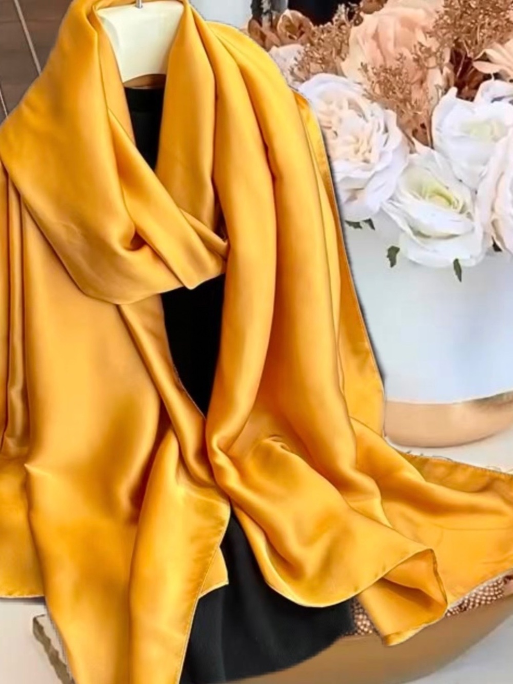 100% SILK SATIN Golden Yellow Large Shawl Scarf Wrap Wedding Bridesmaid Cover Up